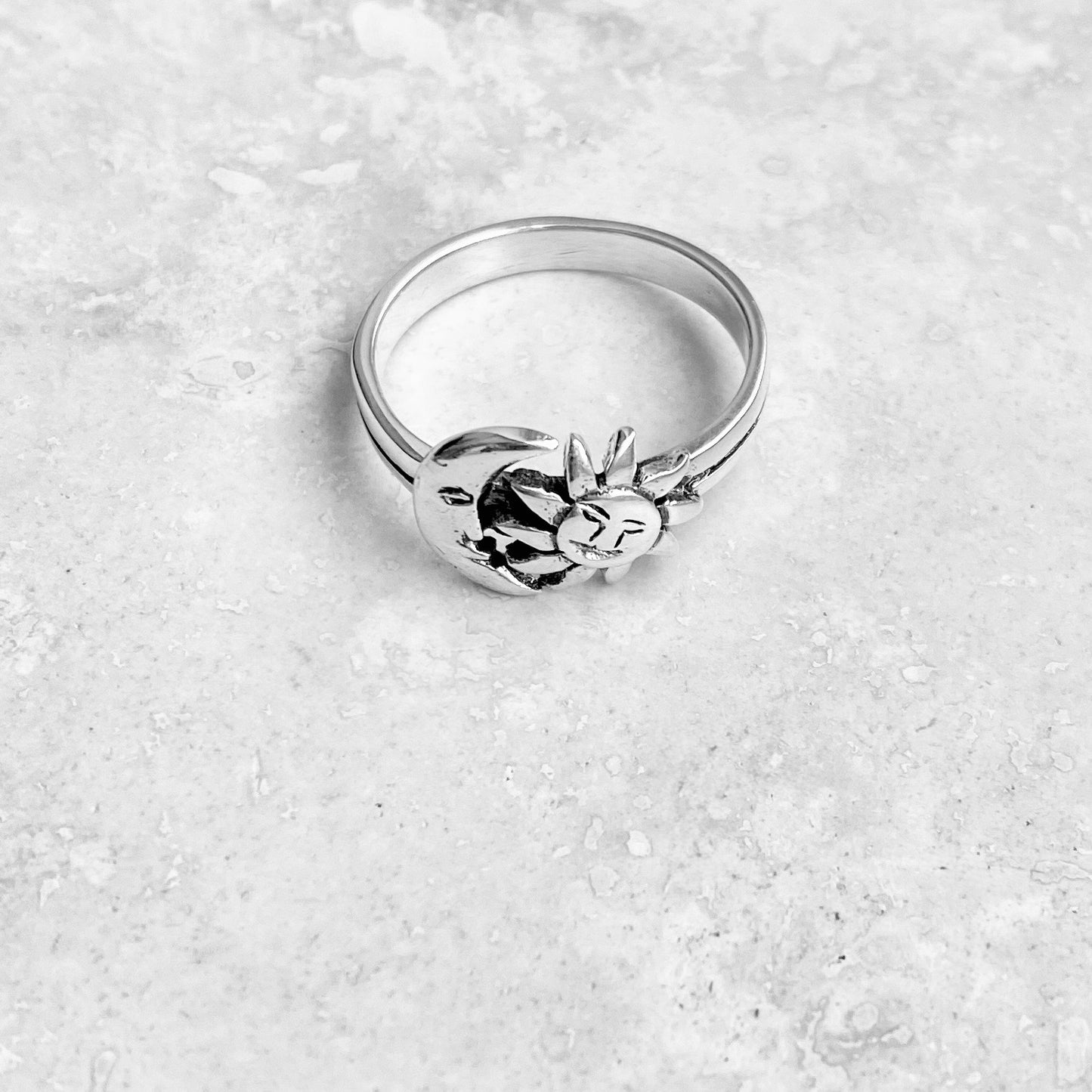 925 Sterling Silver Crescent Moon and Sun Face Ring | Celestial Sunshine Silver Rings