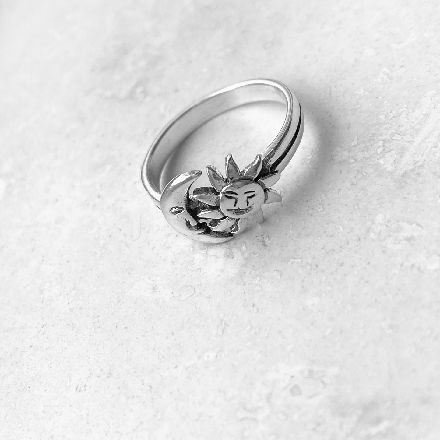 925 Sterling Silver Crescent Moon and Sun Face Ring | Celestial Sunshine Silver Rings