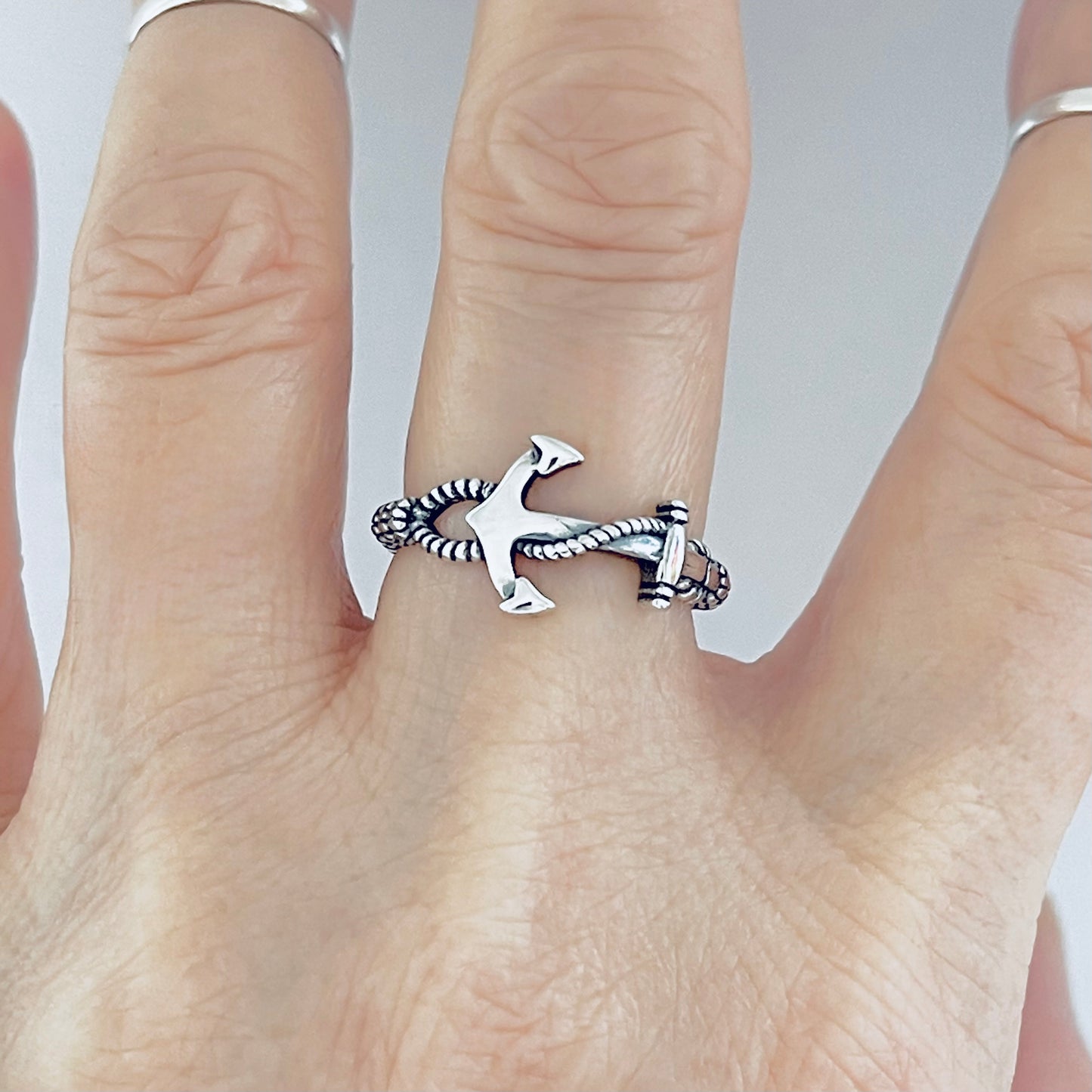 Sterling Silver Anchor Ring with Rope Band, Dainty Ocean Jewelry, Ship Rings