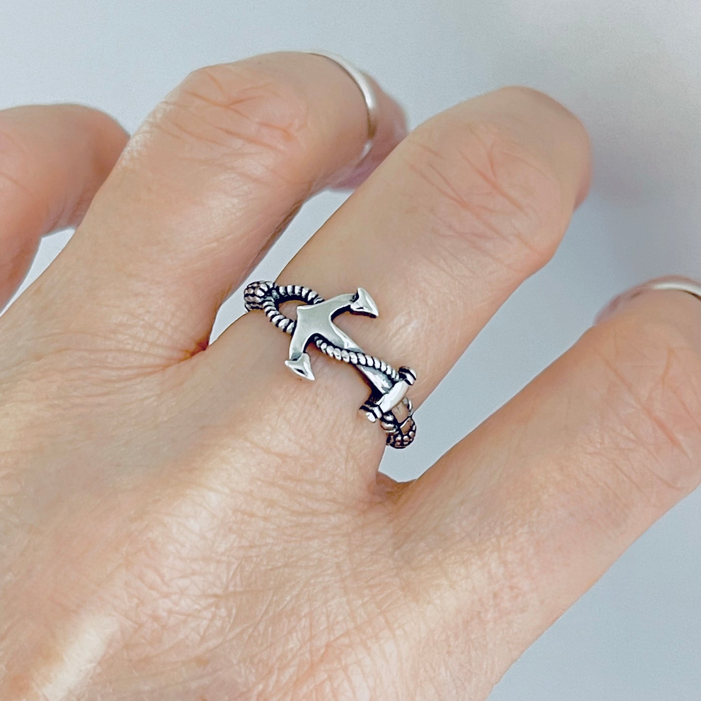 Sterling Silver Anchor Ring with Rope Band, Dainty Ocean Jewelry, Ship Rings