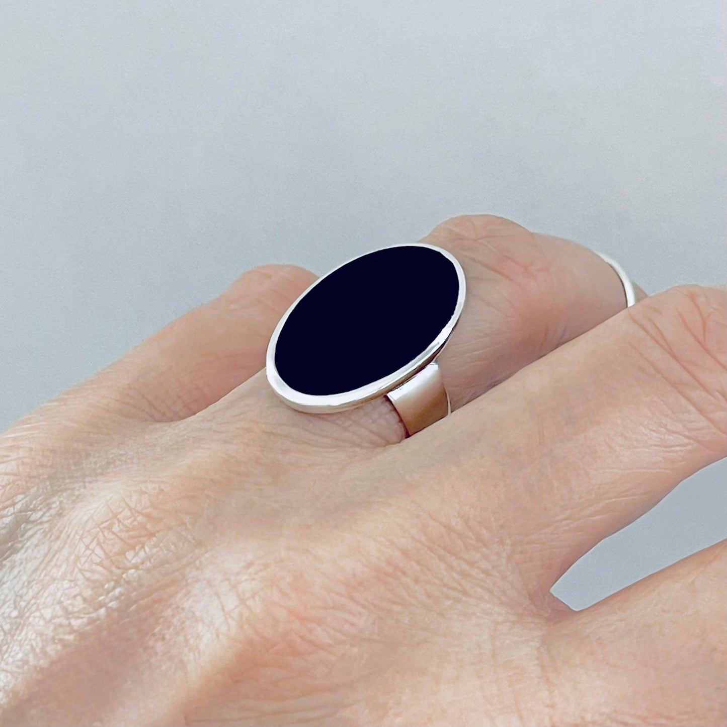 Sterling Silver Simple Large Oval Black Onyx Ring, Silver Rings, Statement Stone Jewelry