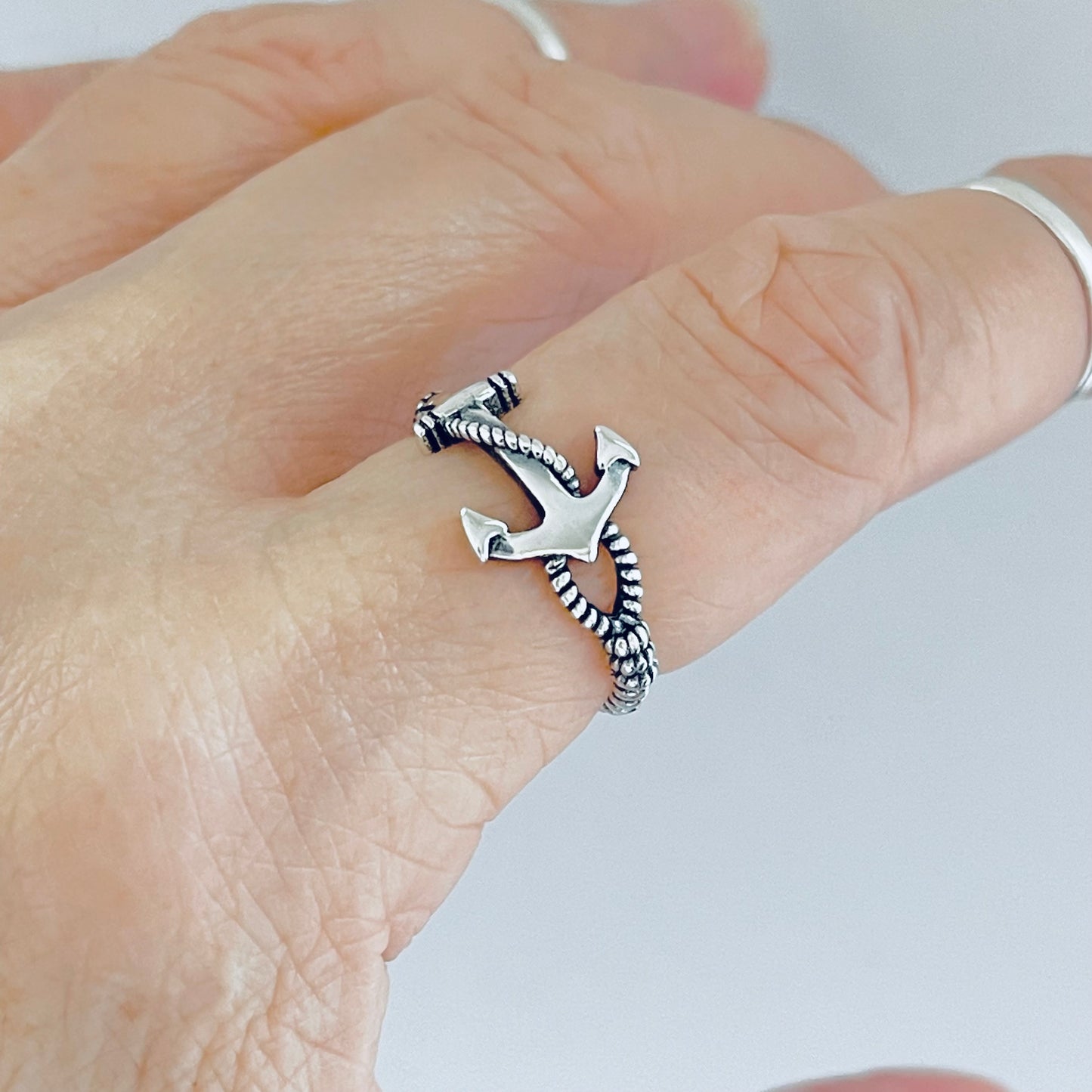 Sterling Silver Anchor Ring with Rope Band, Dainty Ocean Jewelry, Ship Rings