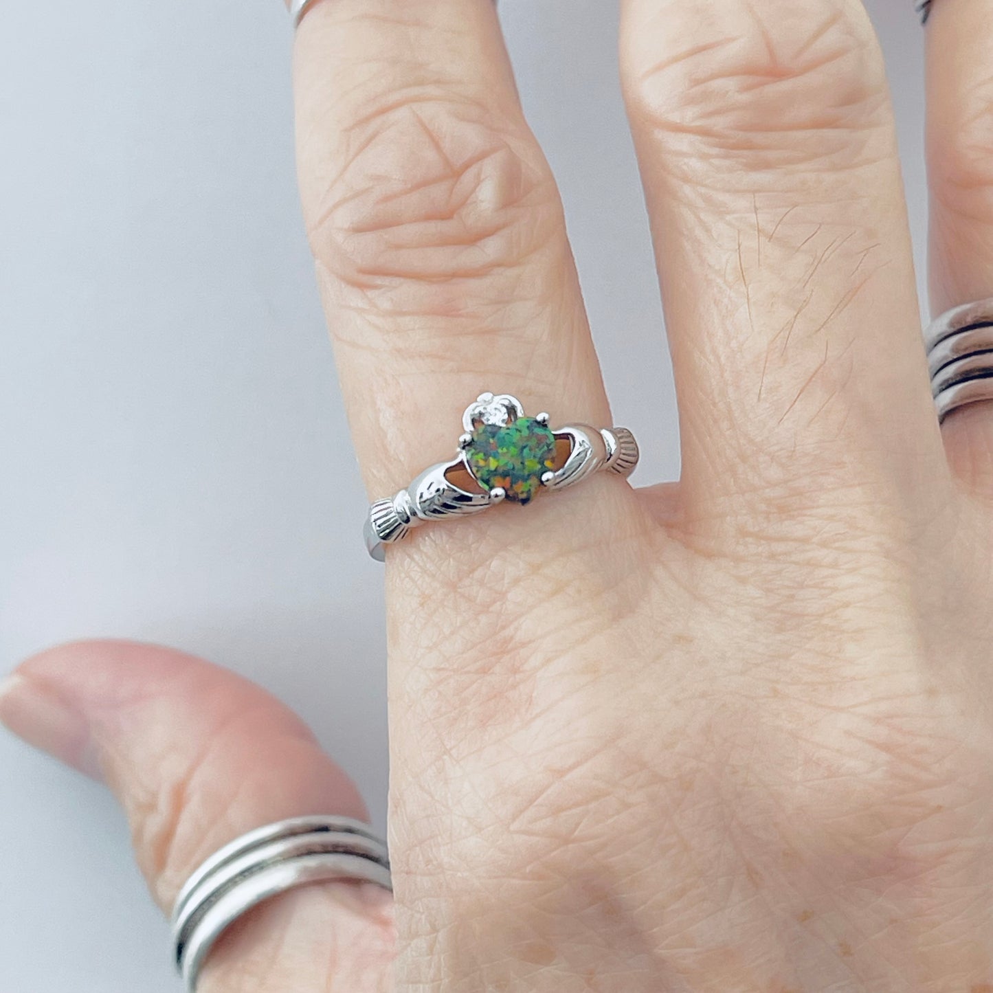 Sterling Silver Black Lab Opal Heart Claddagh Ring, October Birthstone Rings, Irish Crown Hearts