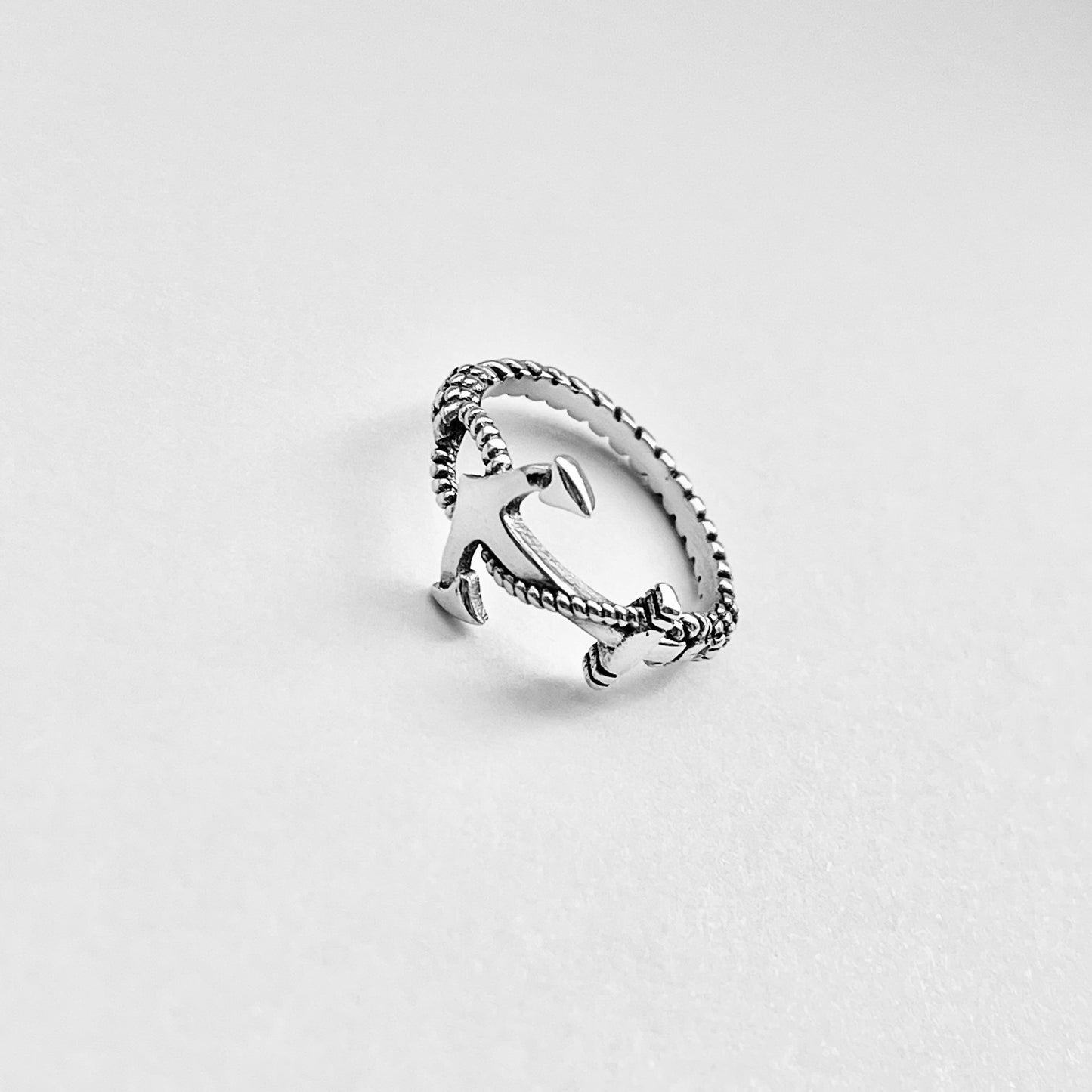 Sterling Silver Anchor Ring with Rope Band, Dainty Ocean Jewelry, Ship Rings