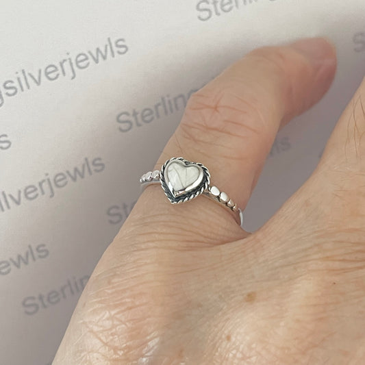 Sterling Silver Minimalist Heart White Buffalo Turquoise Ring with Dots, Silver Stone Rings, Love Ring