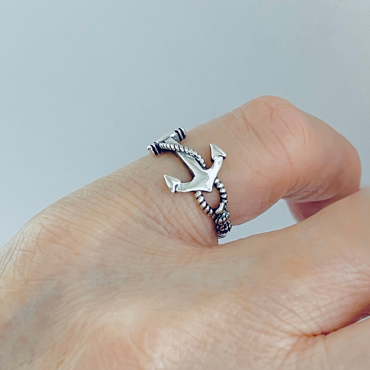 Sterling Silver Anchor Ring with Rope Band, Dainty Ocean Jewelry, Ship Rings