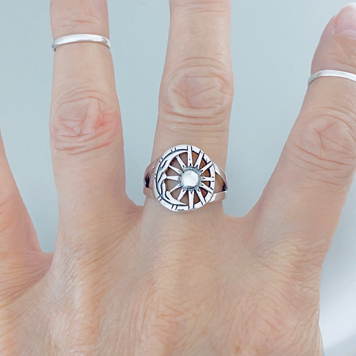 Sterling Silver Statement Moon and Sun Ring, Celestial Sunshine Silver Rings