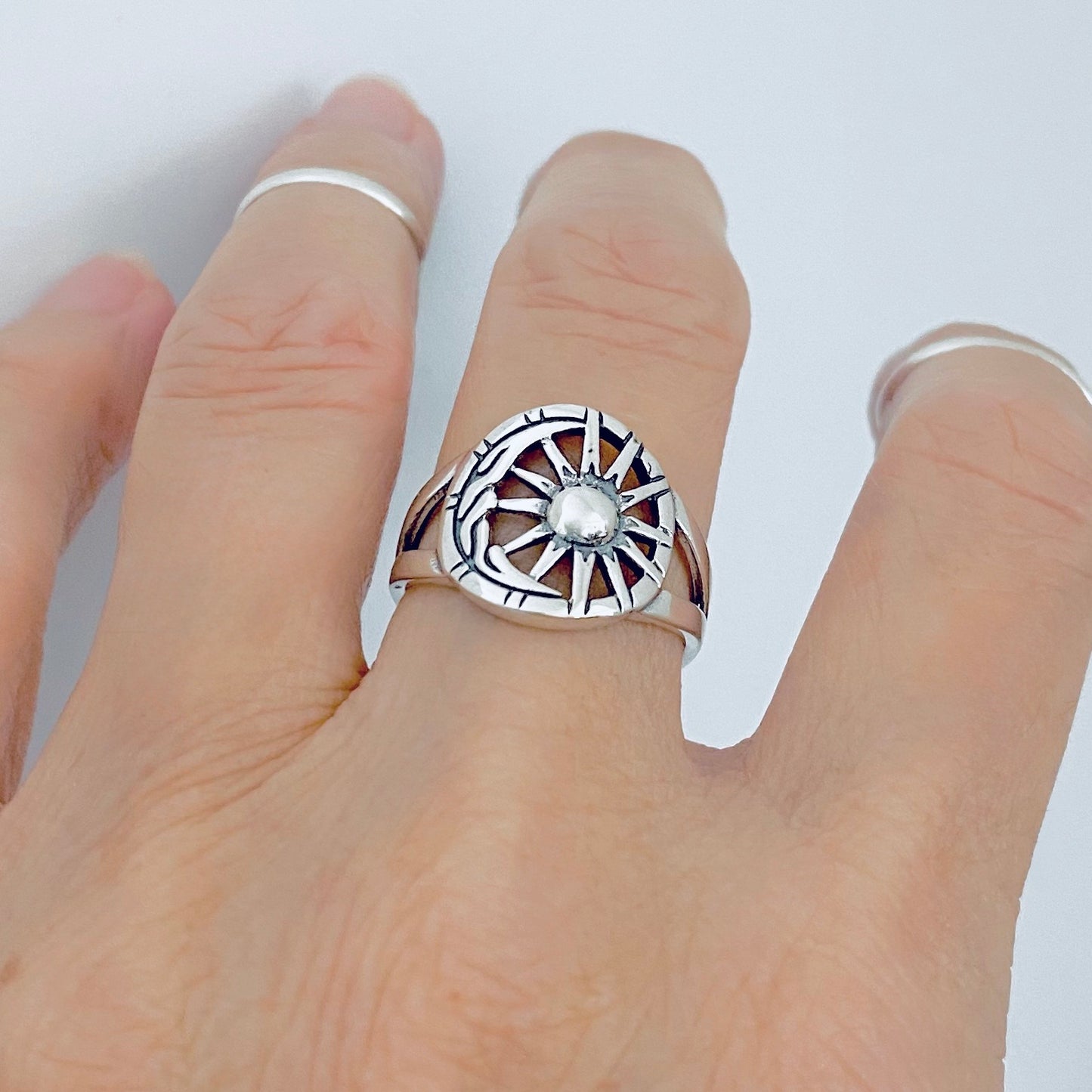 Sterling Silver Statement Moon and Sun Ring, Celestial Sunshine Silver Rings