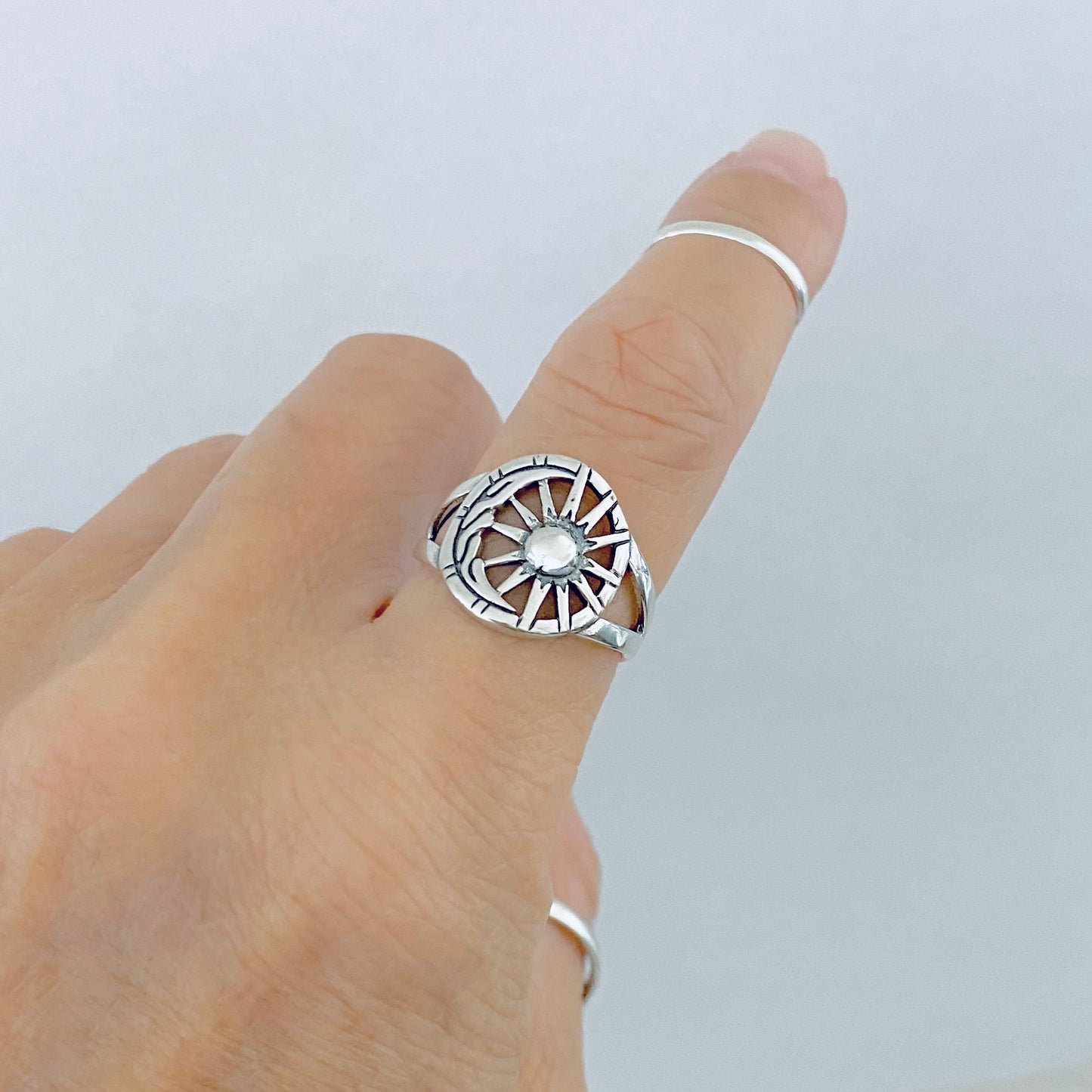 Sterling Silver Statement Moon and Sun Ring, Celestial Sunshine Silver Rings