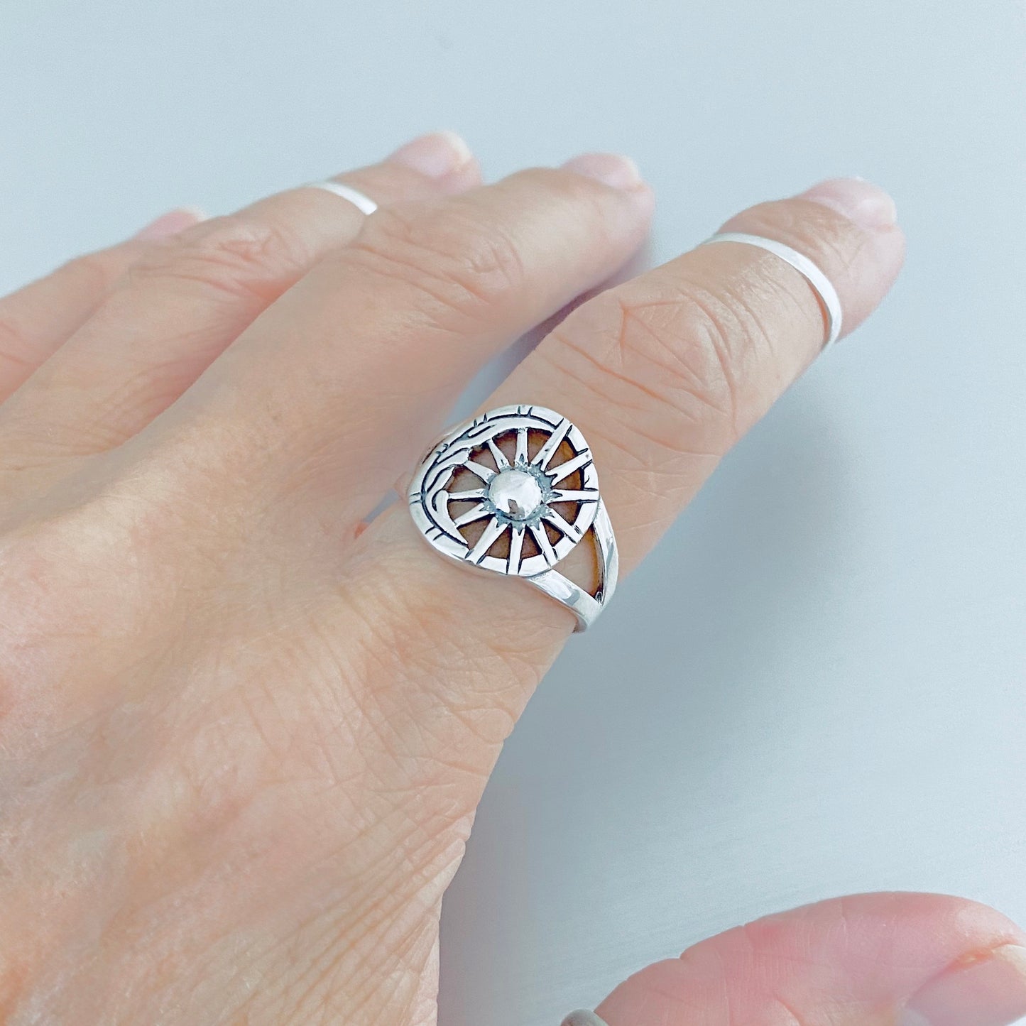 Sterling Silver Statement Moon and Sun Ring, Celestial Sunshine Silver Rings