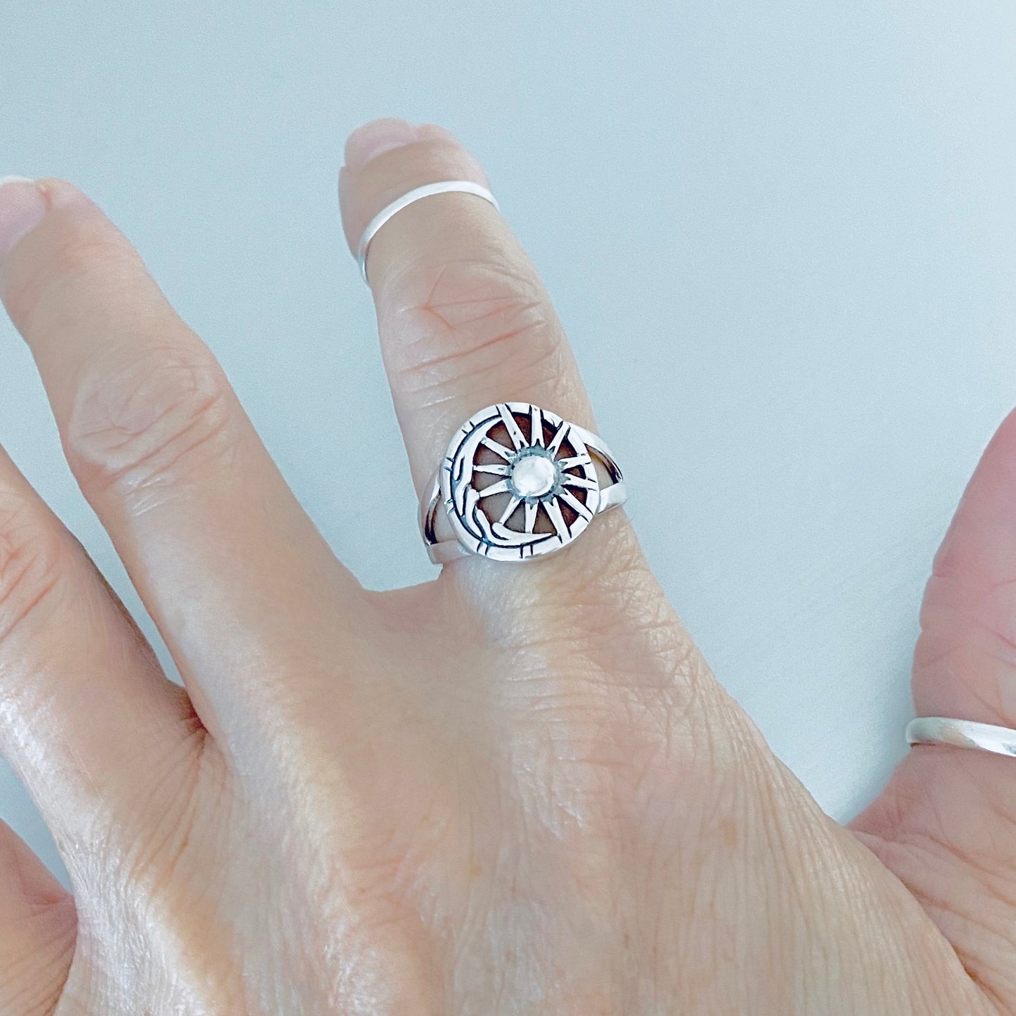 Sterling Silver Statement Moon and Sun Ring, Celestial Sunshine Silver Rings