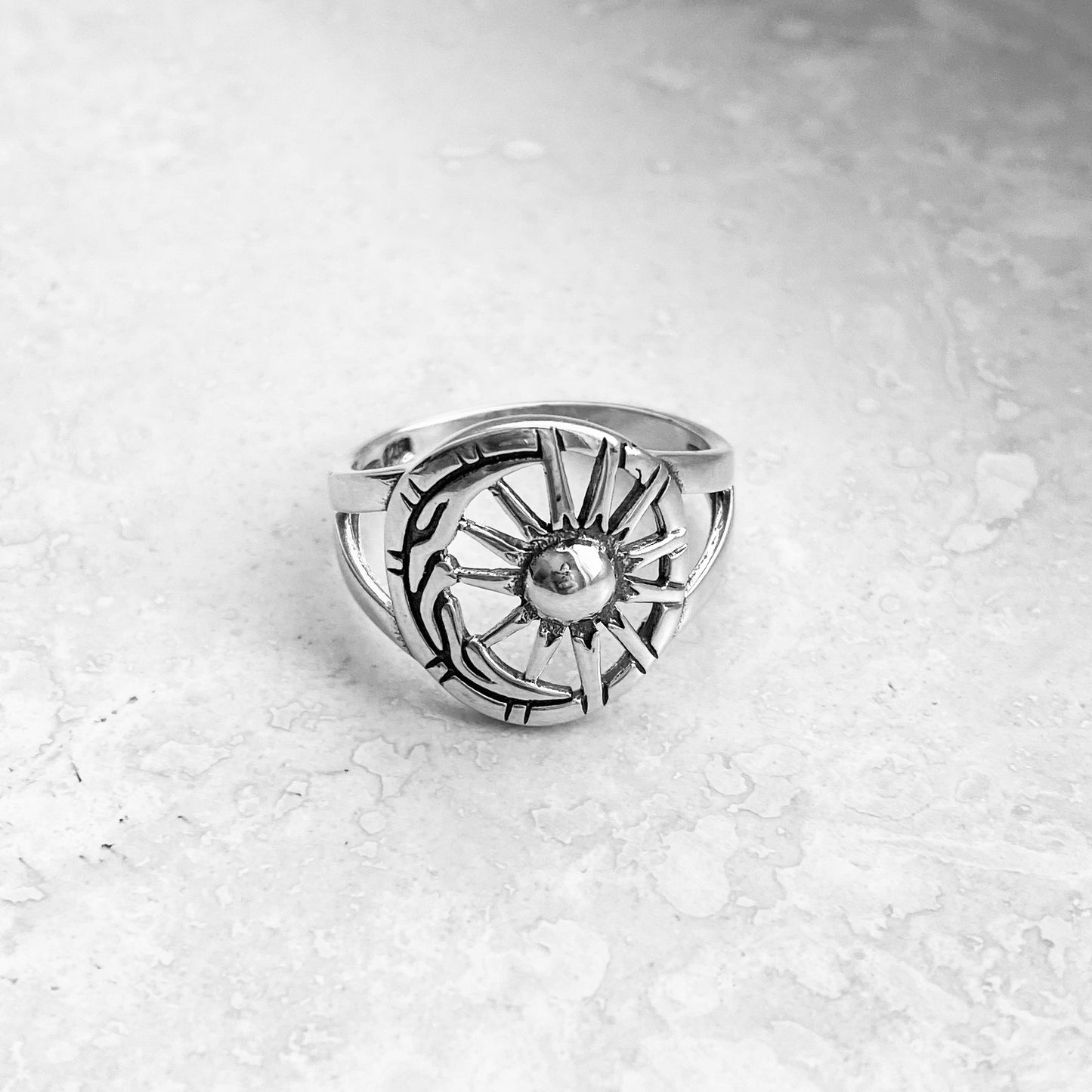 Sterling Silver Statement Moon and Sun Ring, Celestial Silver Rings