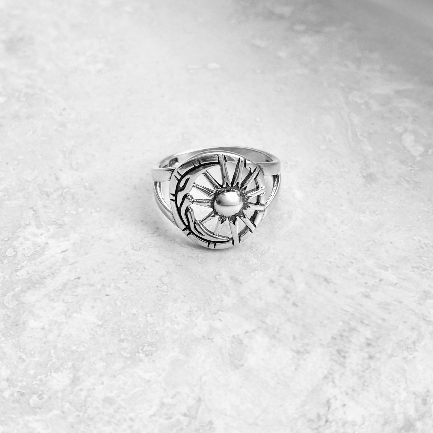 Sterling Silver Statement Moon and Sun Ring, Celestial Sunshine Silver Rings