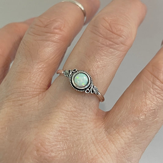 Sterling Silver Small Round White Lab Opal Ring with Leaves, October Birthstone Silver Rings