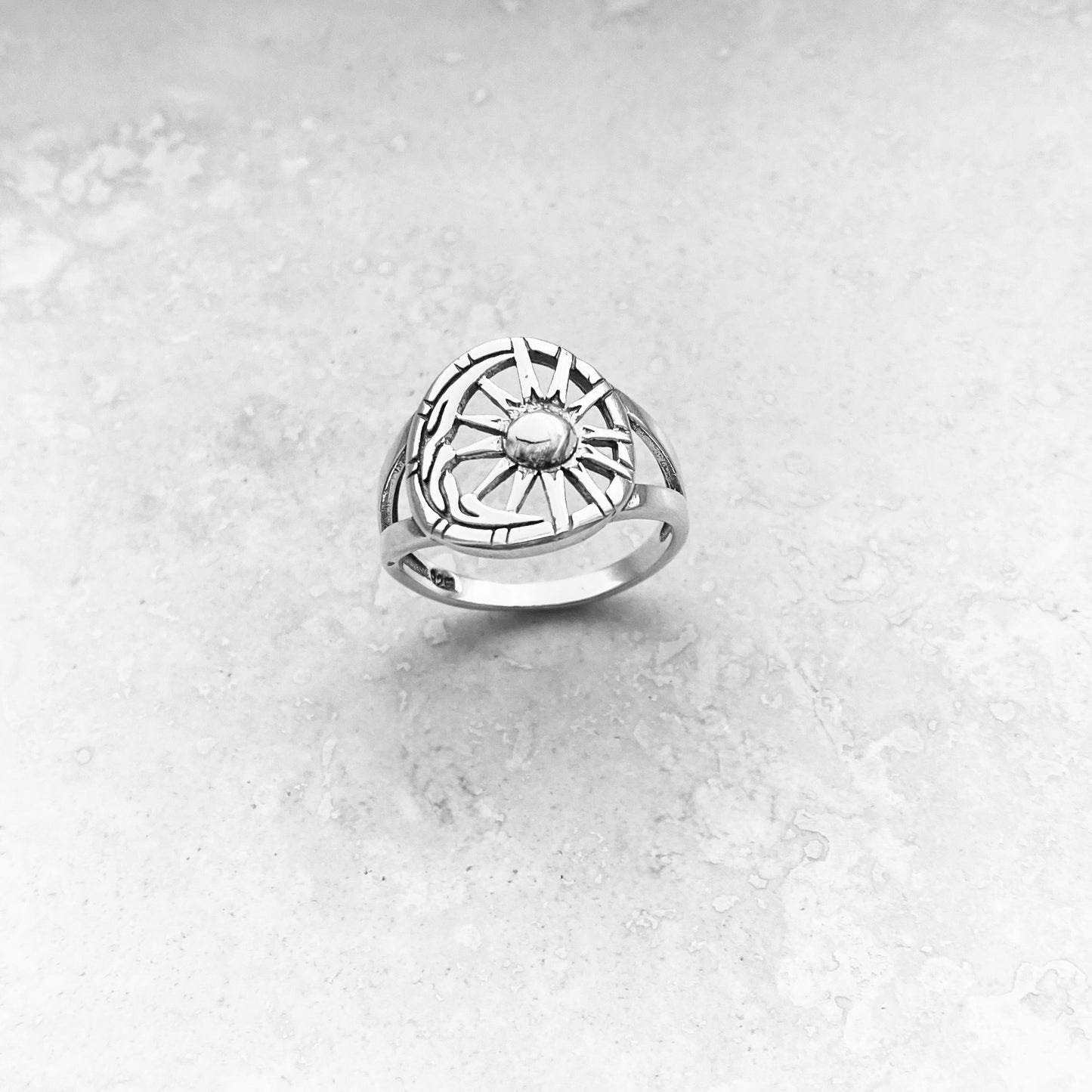 Sterling Silver Statement Moon and Sun Ring, Celestial Sunshine Silver Rings