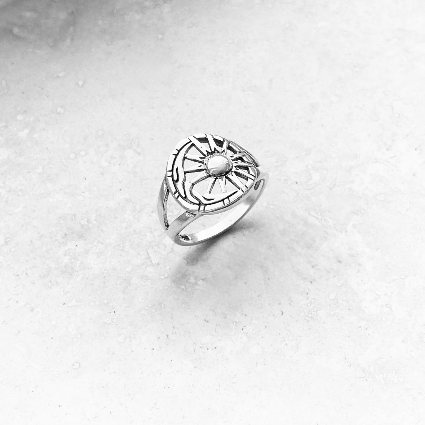 Sterling Silver Statement Moon and Sun Ring, Celestial Sunshine Silver Rings
