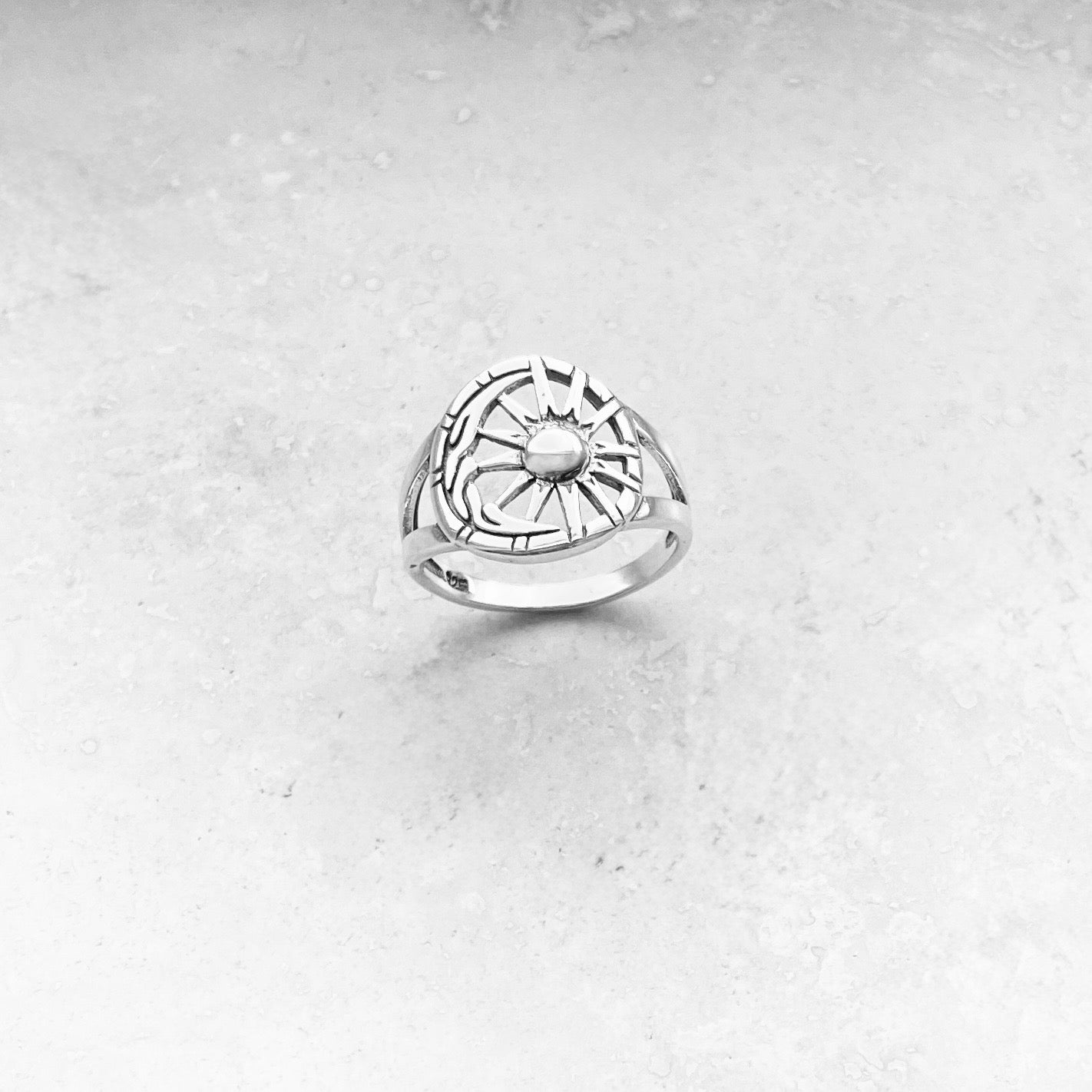 Sterling Silver Statement Moon and Sun Ring, Celestial Sunshine Silver Rings