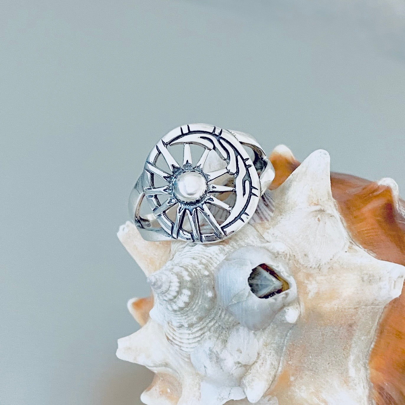 Sterling Silver Statement Moon and Sun Ring, Celestial Sunshine Silver Rings