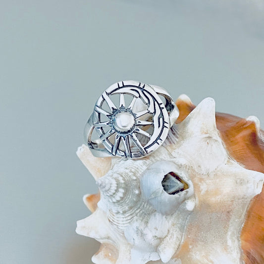 Sterling Silver Statement Moon and Sun Ring, Celestial Sunshine Silver Rings