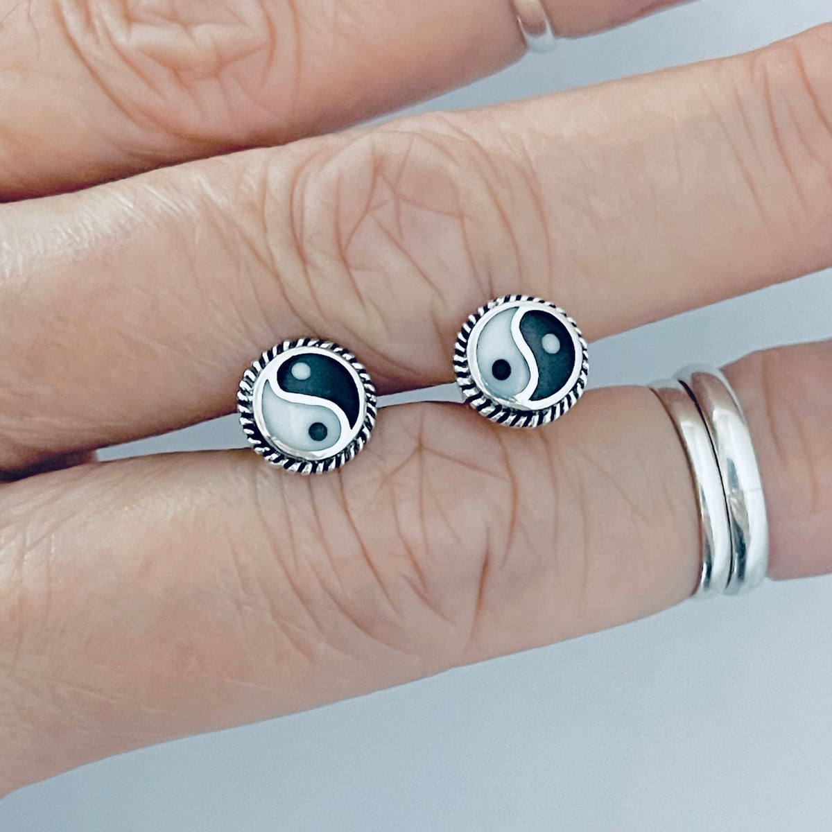 925 Sterling Silver Yin and Yang Stud Earring with Braid | Boho Zen Yoga Silver Earrings