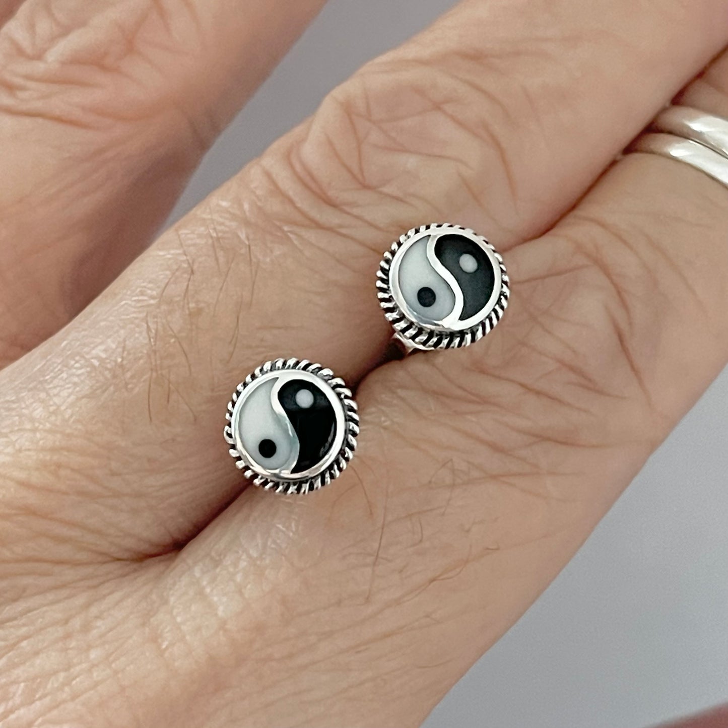 Sterling Silver Yin and Yang Earring with Braid, Stud Earrings, Yoga Earring