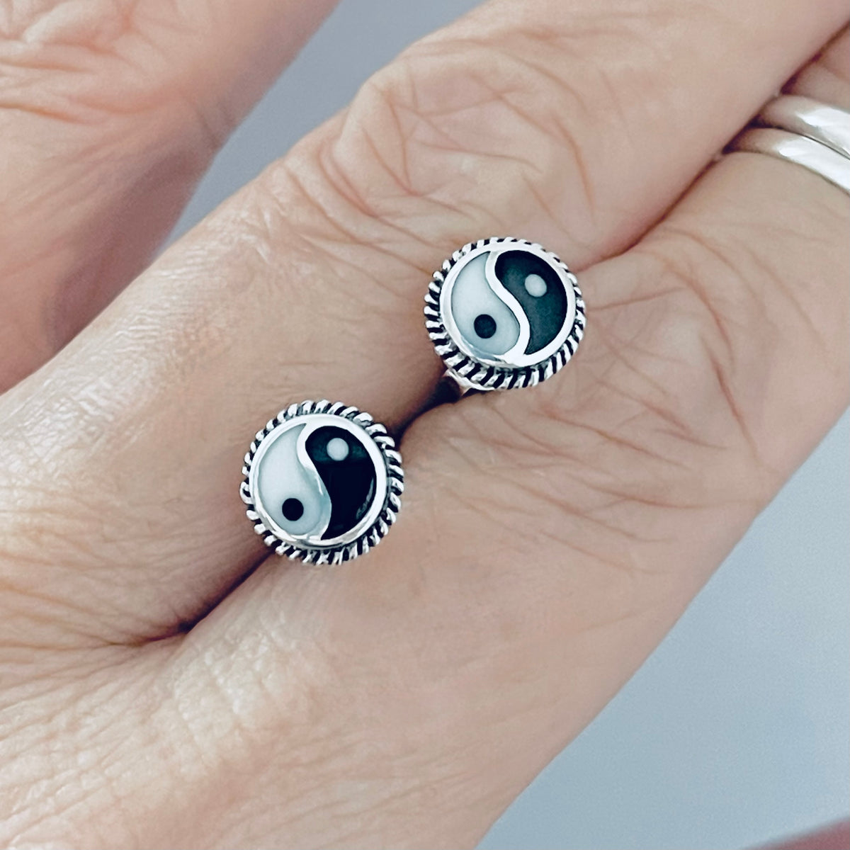 925 Sterling Silver Yin and Yang Stud Earring with Braid | Boho Zen Yoga Silver Earrings