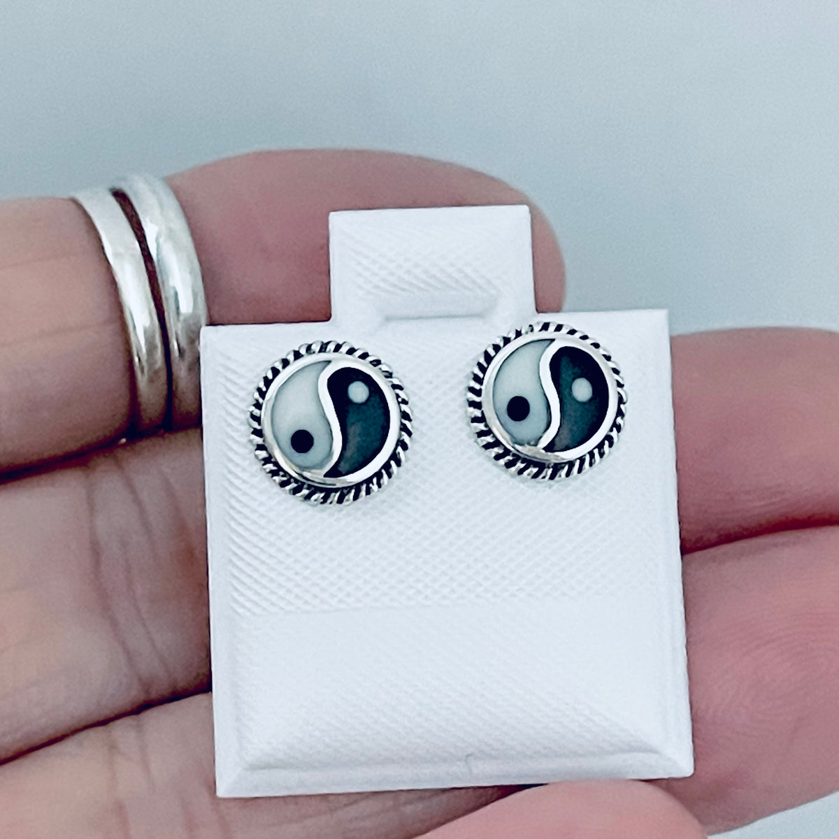 925 Sterling Silver Yin and Yang Stud Earring with Braid | Boho Zen Yoga Silver Earrings