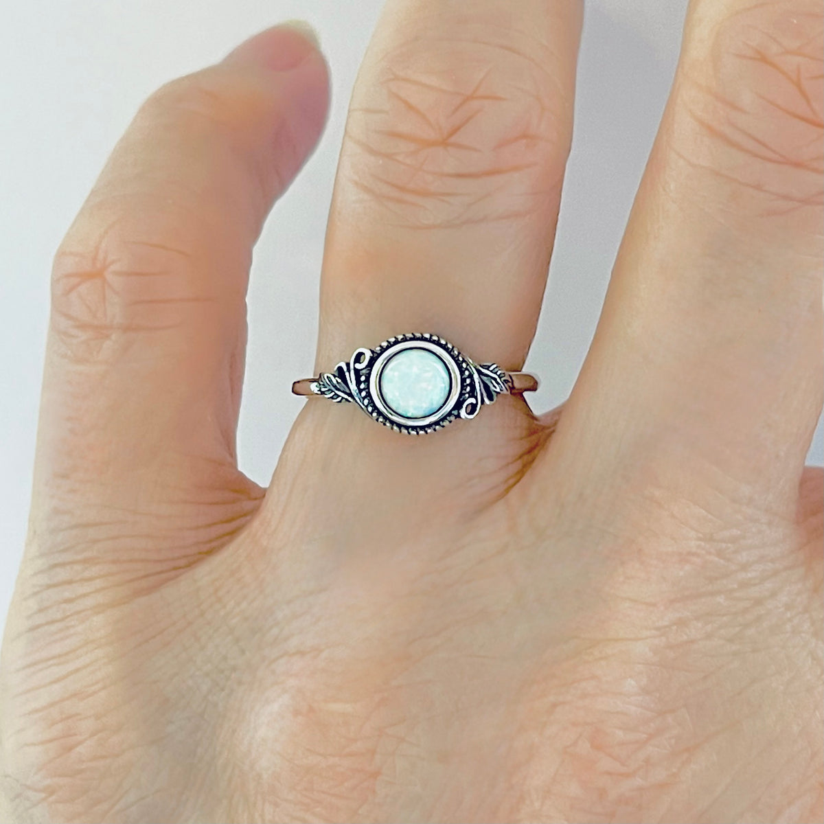 Sterling Silver Small Round White Lab Opal Ring With Leaf | October Birthstone Rings