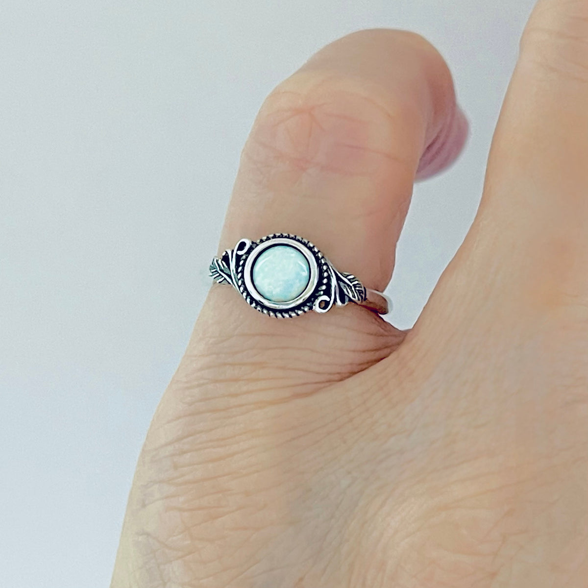 Sterling Silver Small Round White Lab Opal Ring With Leaf | October Birthstone Rings