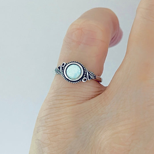 Sterling Silver Small Round White Lab Opal Ring With Leaf | October Birthstone Rings