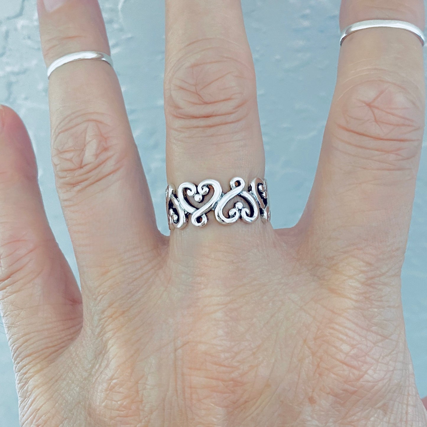 Sterling Silver Eternity Swirl Heart Band Ring, Love Hearts Jewelry
