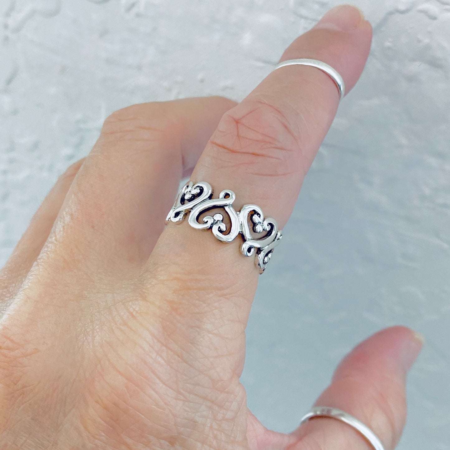 Sterling Silver Eternity Swirl Heart Band Ring, Love Hearts Jewelry