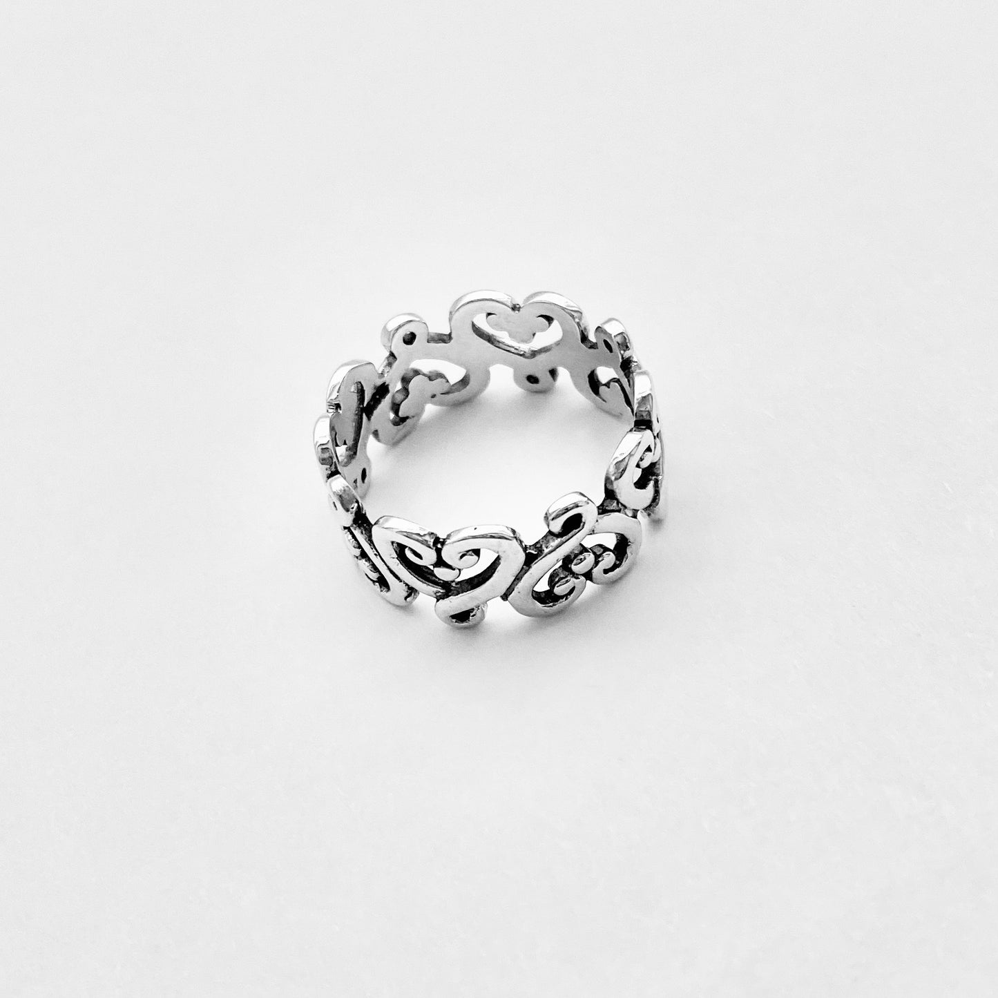 Sterling Silver Eternity Swirl Heart Band Ring, Love Hearts Jewelry