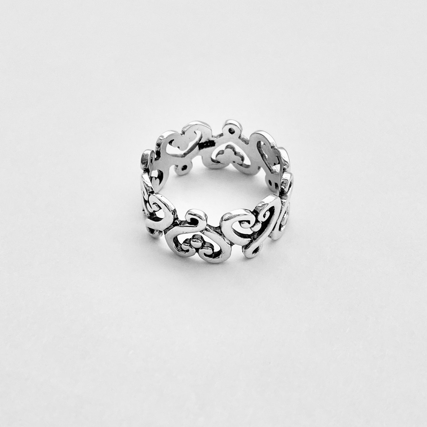 Sterling Silver Eternity Swirl Heart Band Ring, Love Hearts Jewelry