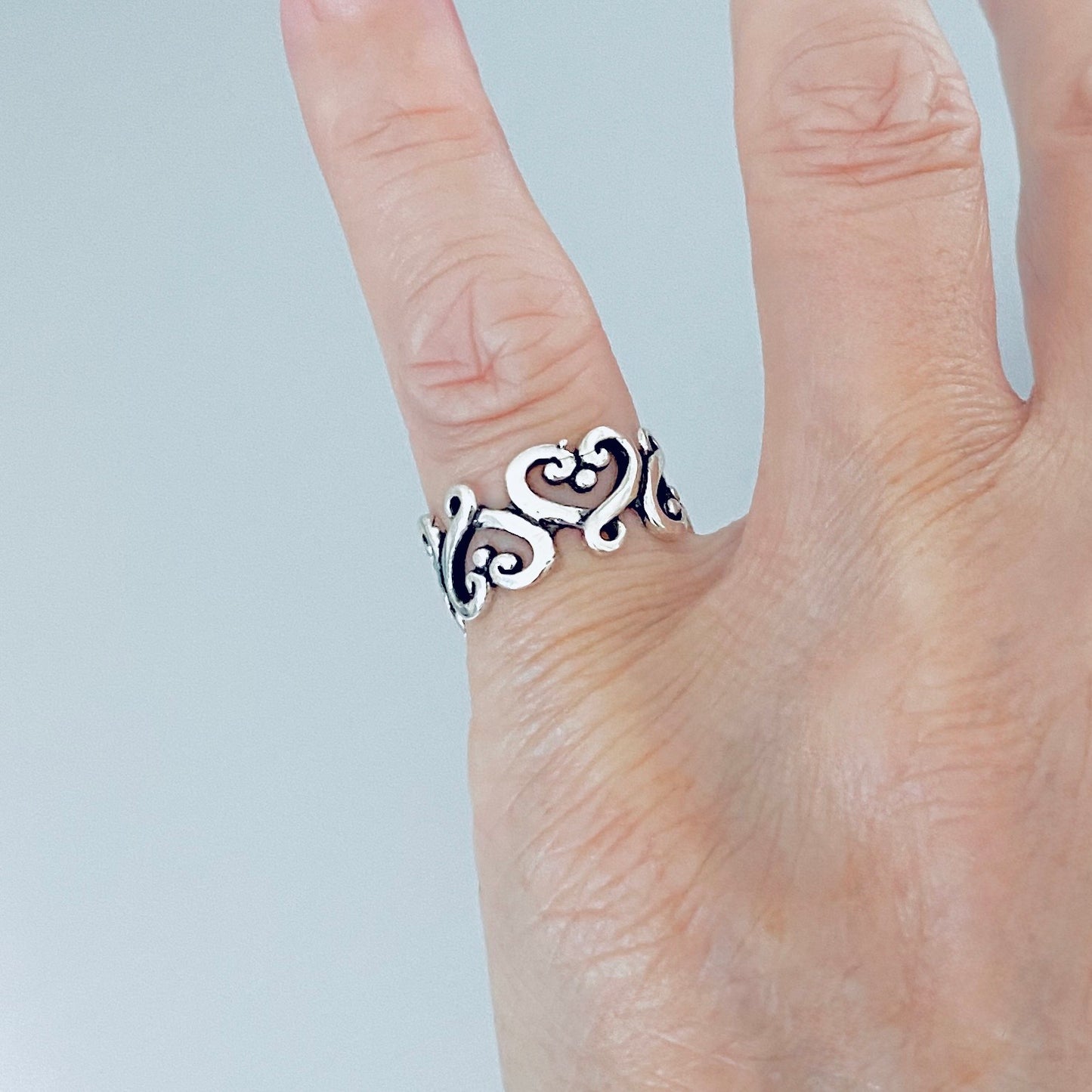 Sterling Silver Eternity Swirl Heart Band Ring, Love Hearts Jewelry