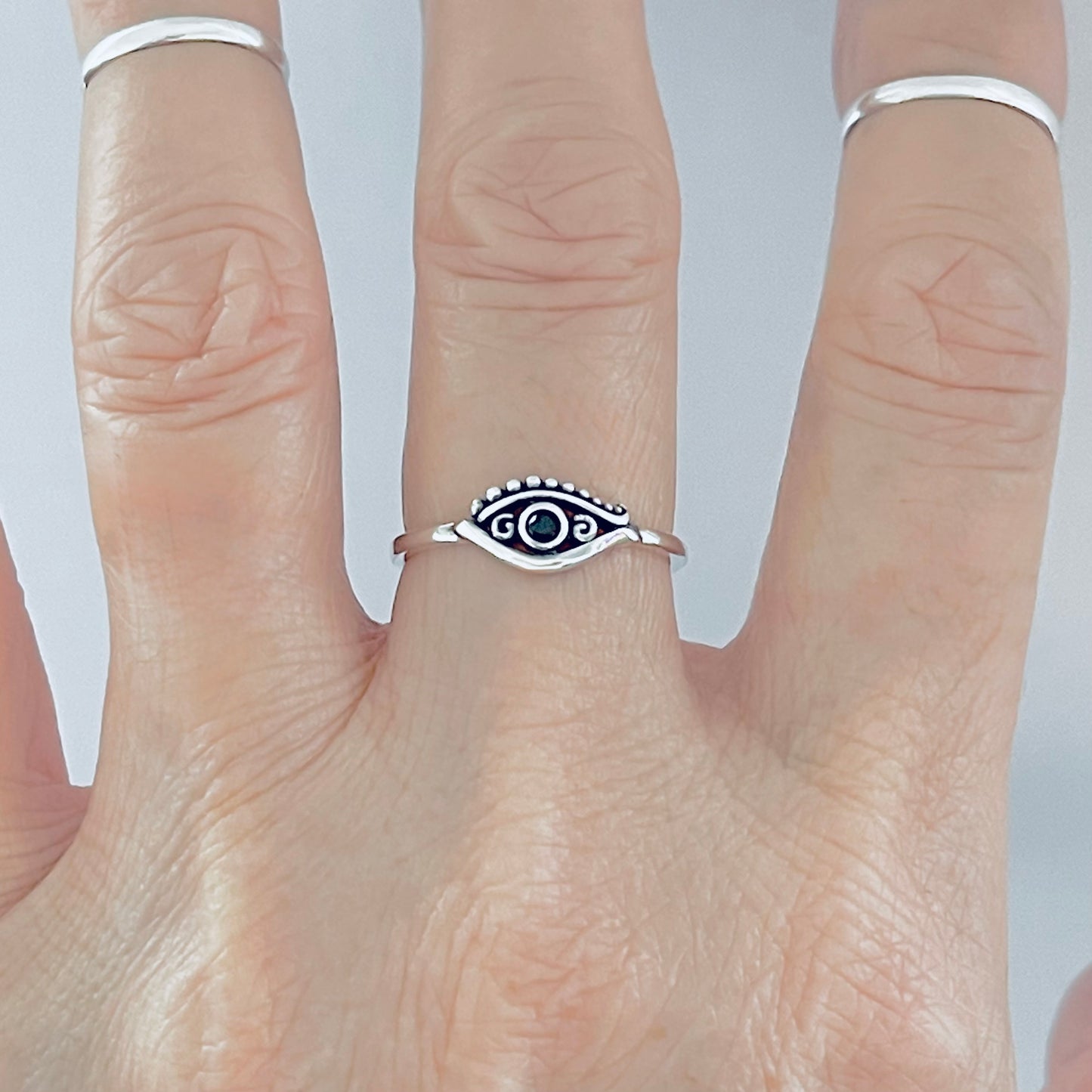 925 Sterling Silver Egyptian Eye Ring with Black CZ | Evil Eye Protector Silver Rings