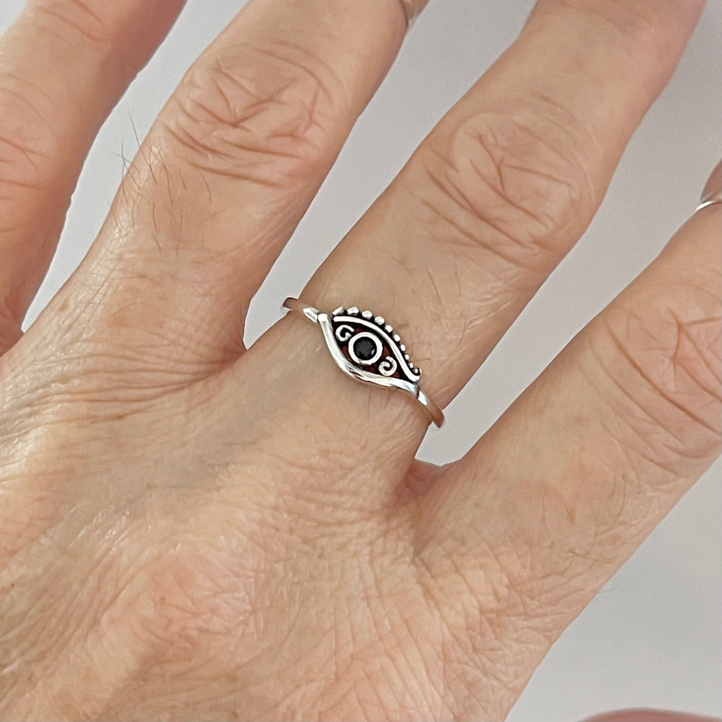 Sterling Silver Small Egyptian Eye Ring with Black CZ, Evil Eye Rings, Protection Ring