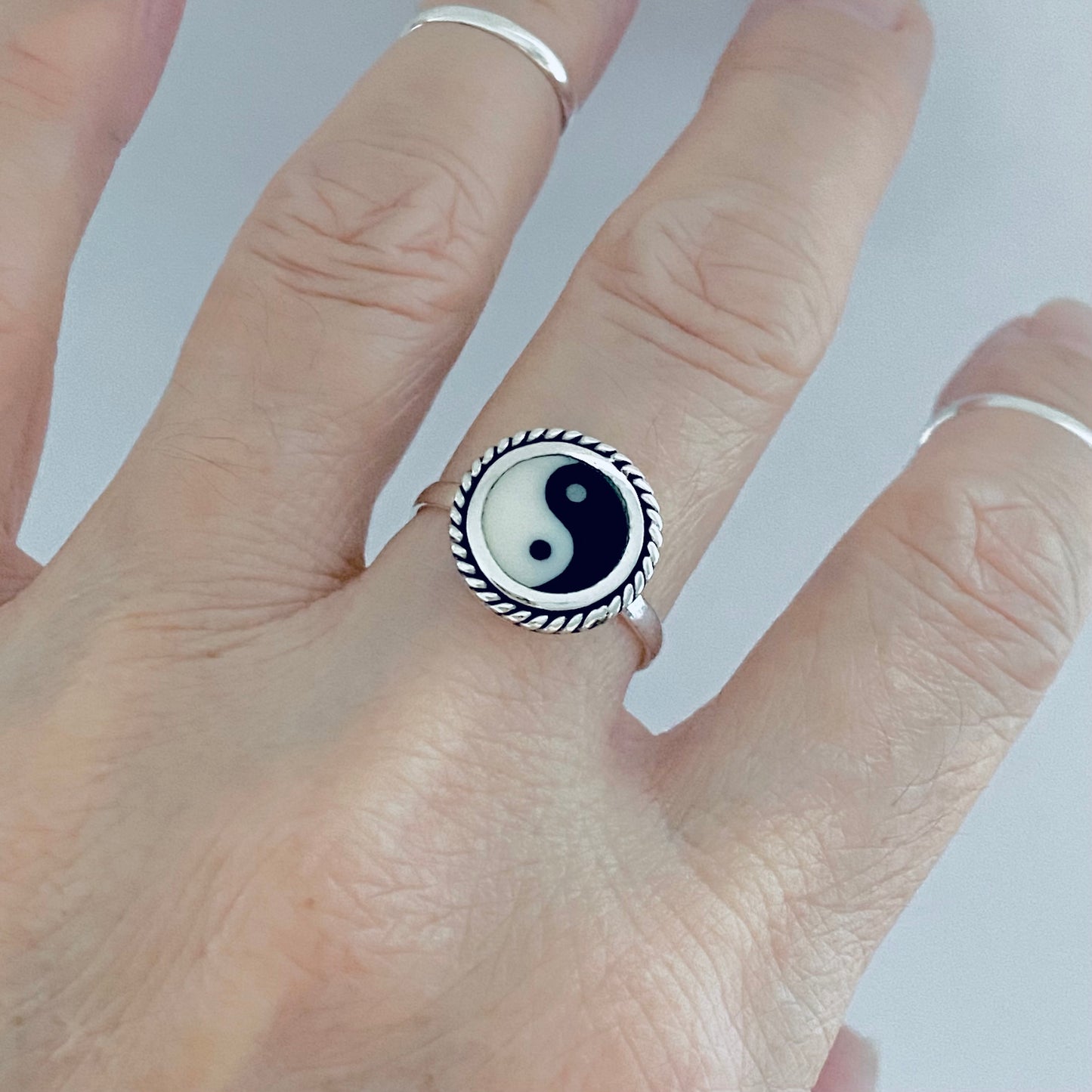 Sterling Silver Round Yin and Yang Ring with Rope, Yoga Ring, Silver Rings, Balance of Life