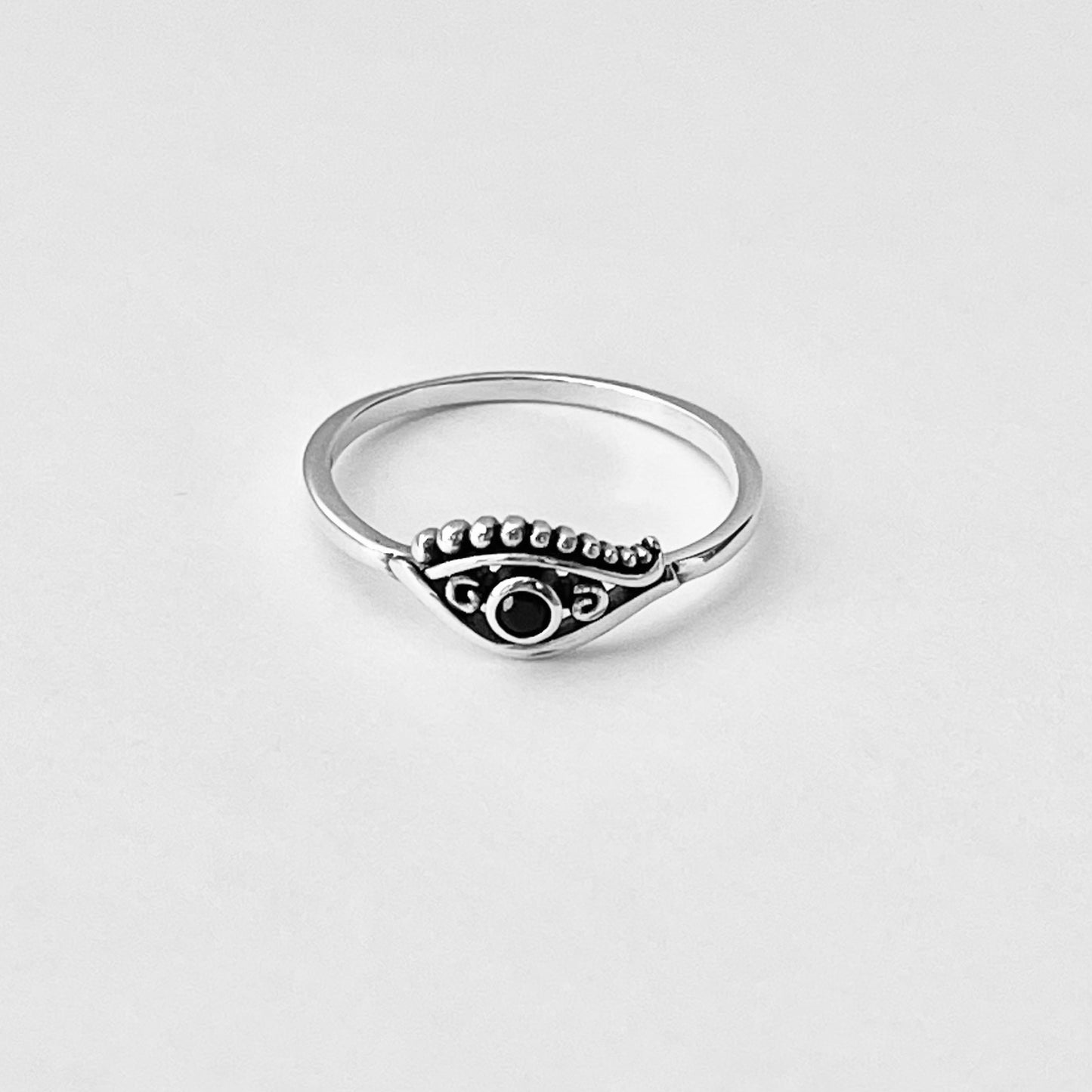 Sterling Silver Small Egyptian Eye Ring with Black CZ, Evil Eye Rings, Protection Ring