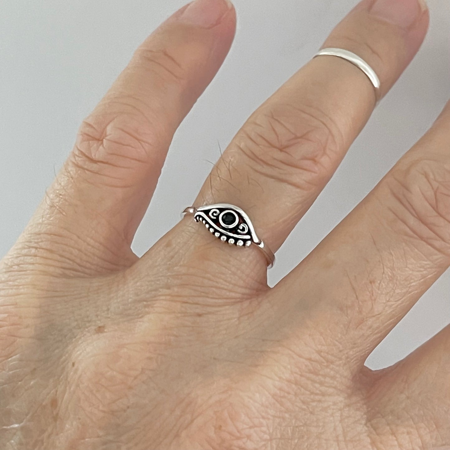 Sterling Silver Small Egyptian Eye Ring with Black CZ, Evil Eye Rings, Protection Ring