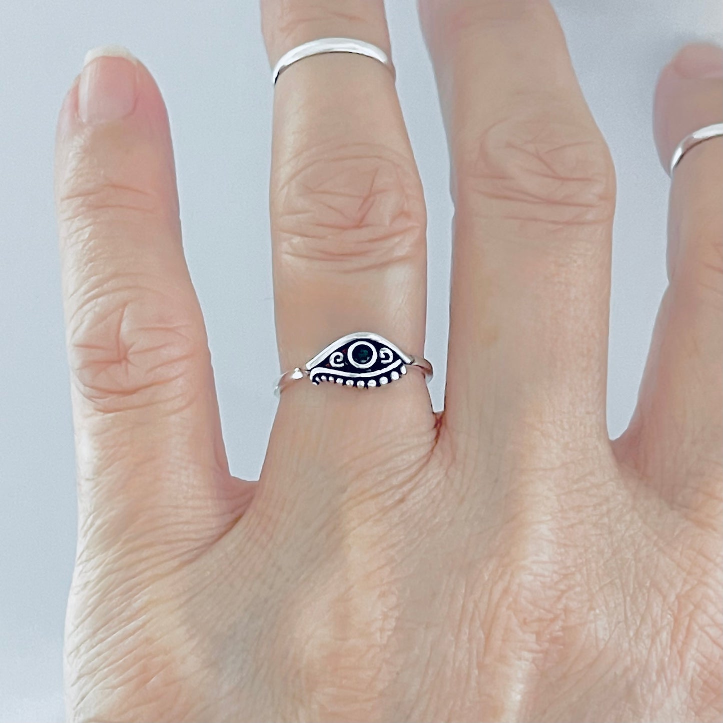 925 Sterling Silver Egyptian Eye Ring with Black CZ | Evil Eye Protector Silver Rings