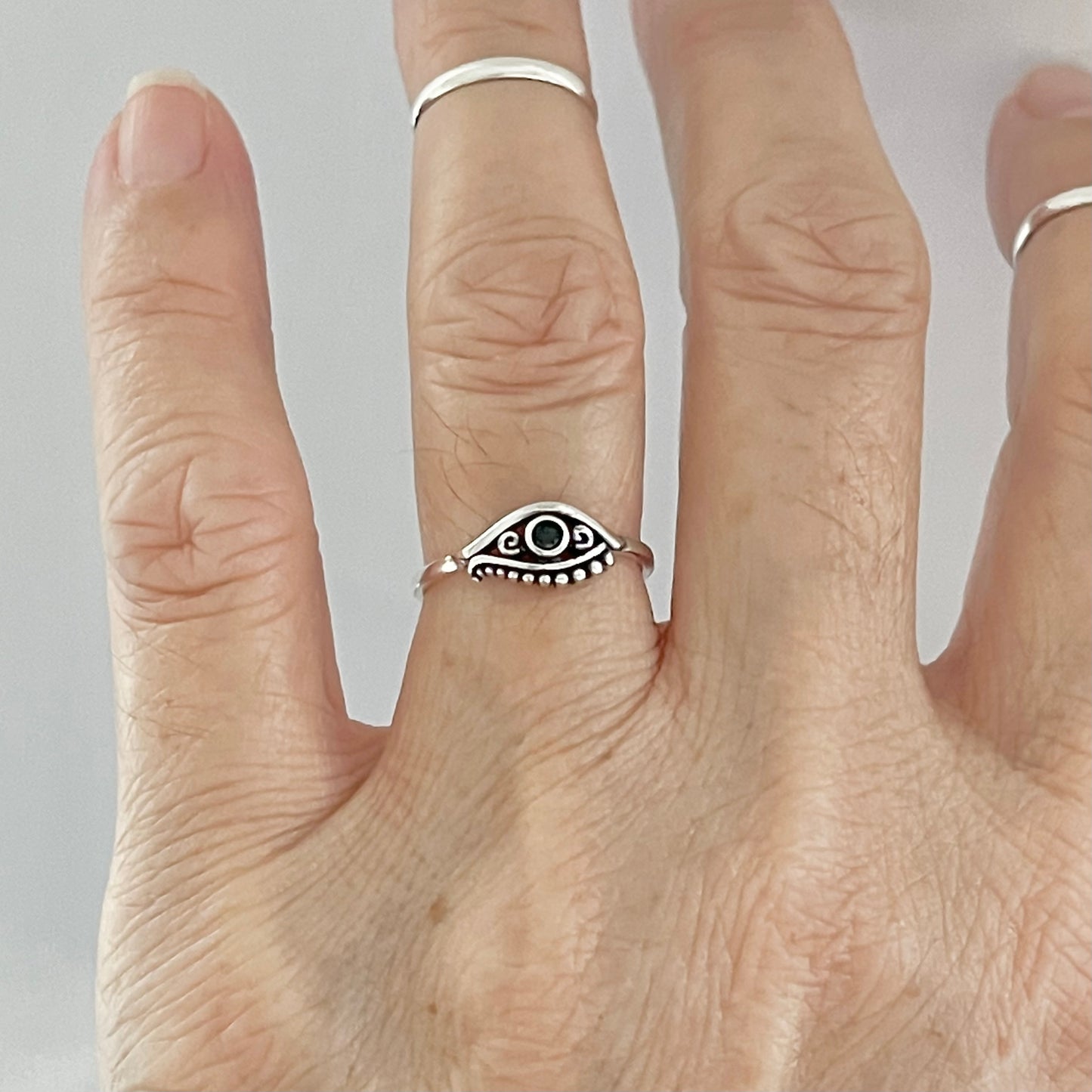 Sterling Silver Small Egyptian Eye Ring with Black CZ, Evil Eye Rings, Protection Ring