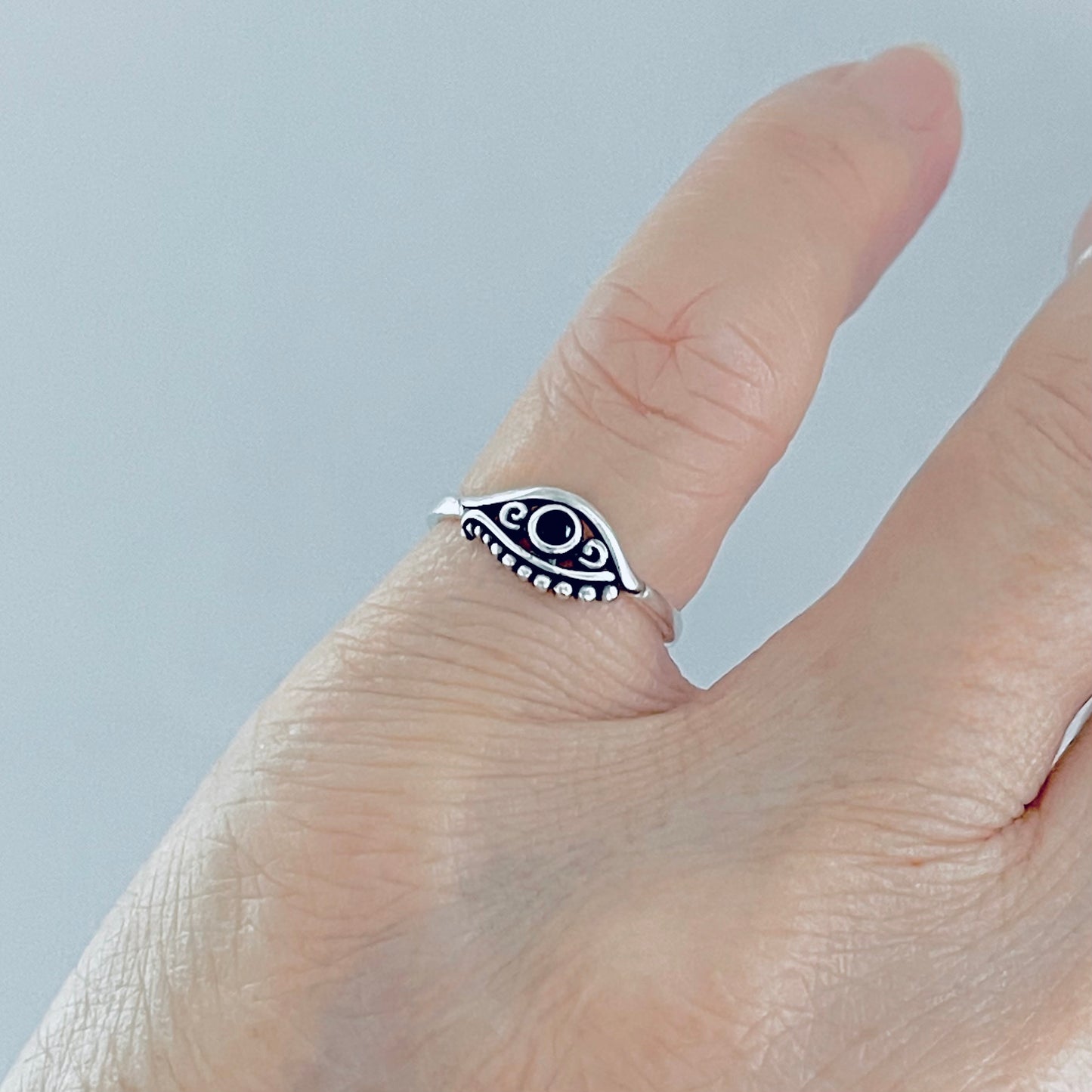 925 Sterling Silver Egyptian Eye Ring with Black CZ | Evil Eye Protector Silver Rings