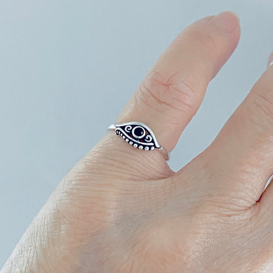 925 Sterling Silver Egyptian Eye Ring with Black CZ | Evil Eye Protector Silver Rings