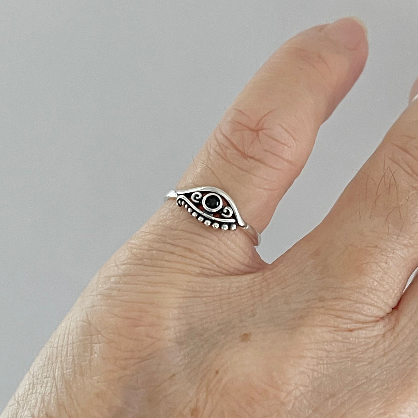 Sterling Silver Small Egyptian Eye Ring with Black CZ, Evil Eye Rings, Protection Ring