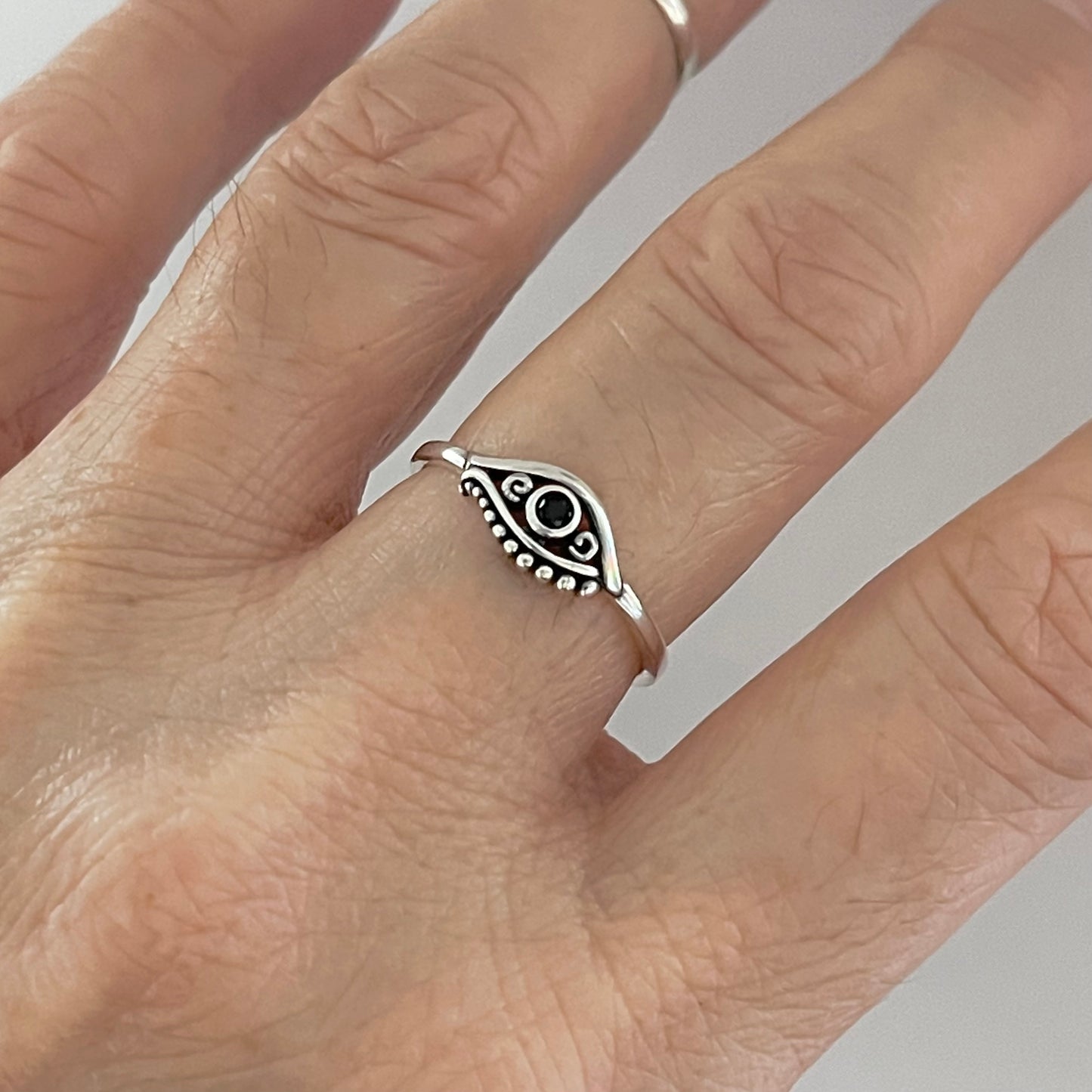 Sterling Silver Small Egyptian Eye Ring with Black CZ, Evil Eye Rings, Protection Ring