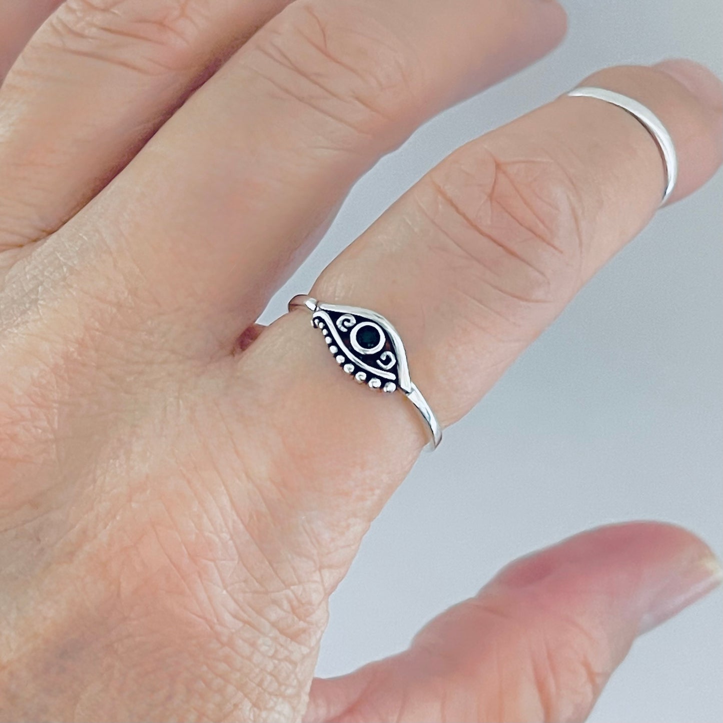925 Sterling Silver Egyptian Eye Ring with Black CZ | Evil Eye Protector Silver Rings