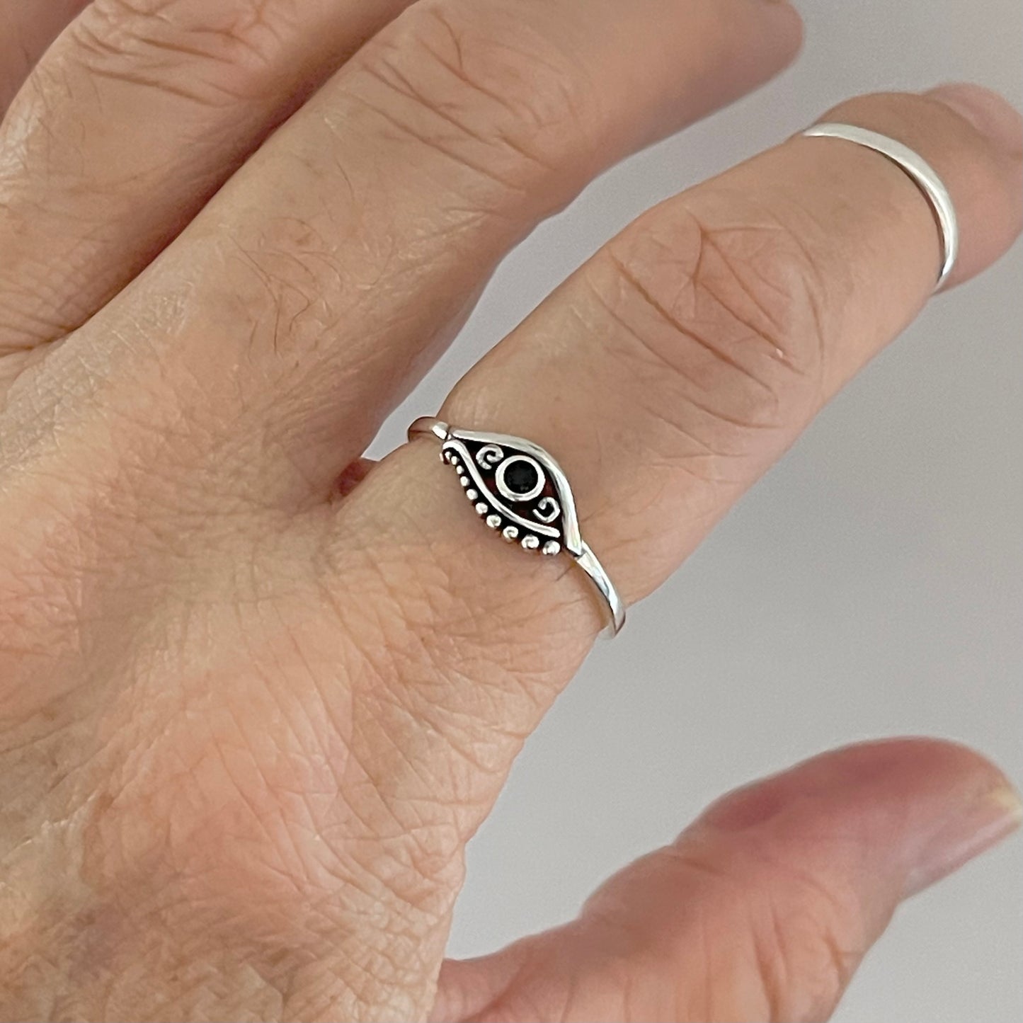 Sterling Silver Small Egyptian Eye Ring with Black CZ, Evil Eye Rings, Protection Ring