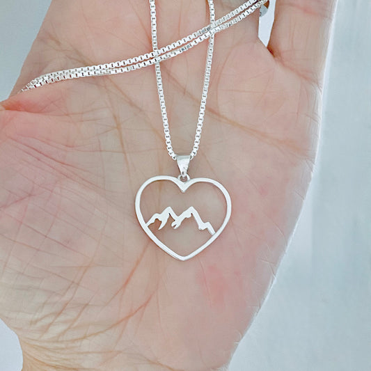 925 Sterling Silver Heart Mountain Necklace | Statement Love Nature Pendant Chain