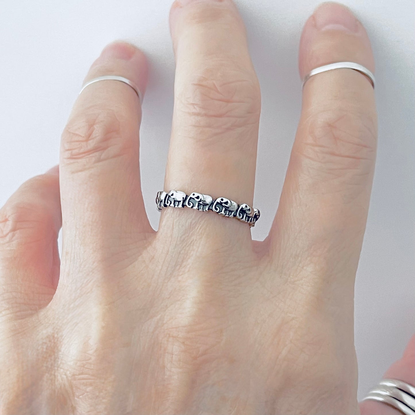 925 Sterling Silver Mini Elephants Band Ring | Good Luck Stackable Animal Silver Rings